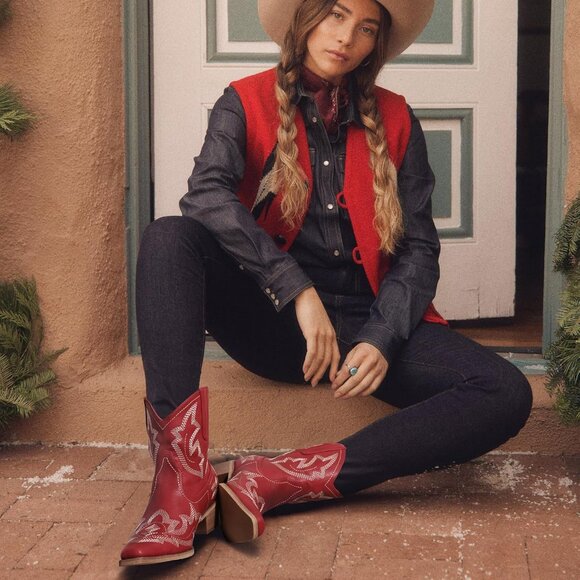 Women Red Rubber Ankle Boot Short Booties for Ladies Classic Fashion Embroidered - Picture 4 of 5